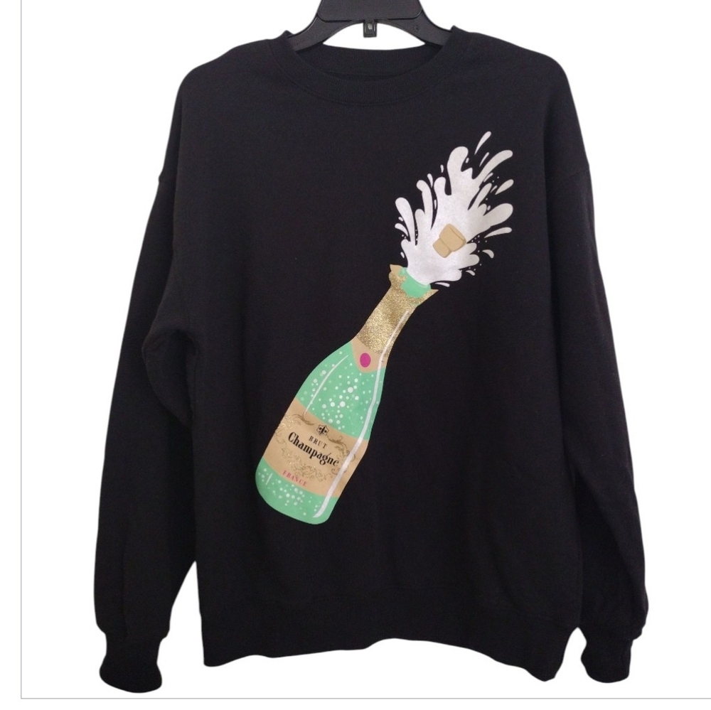 Goodie Two Sleeves Black Sweatshirt with Champagne Bottle Graphic Size Small